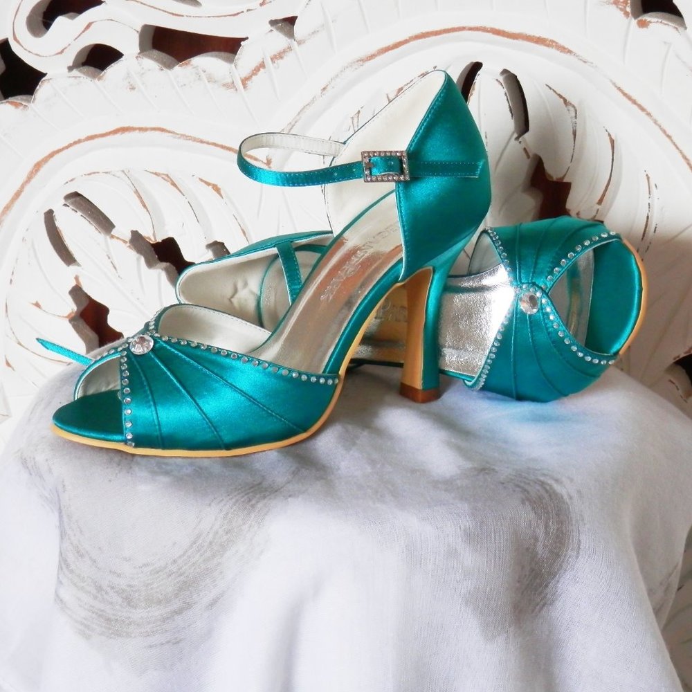 New Teal Satin Peep Toe Sandals Wedding Si…